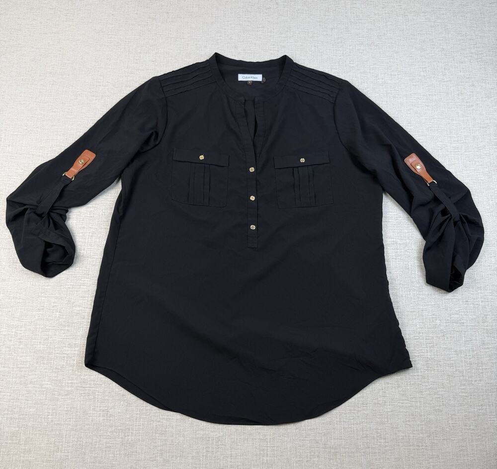 Calvin Klein Women’s L Black Tunic Blouse Roll Tab Sleeve Gold Button Shirt